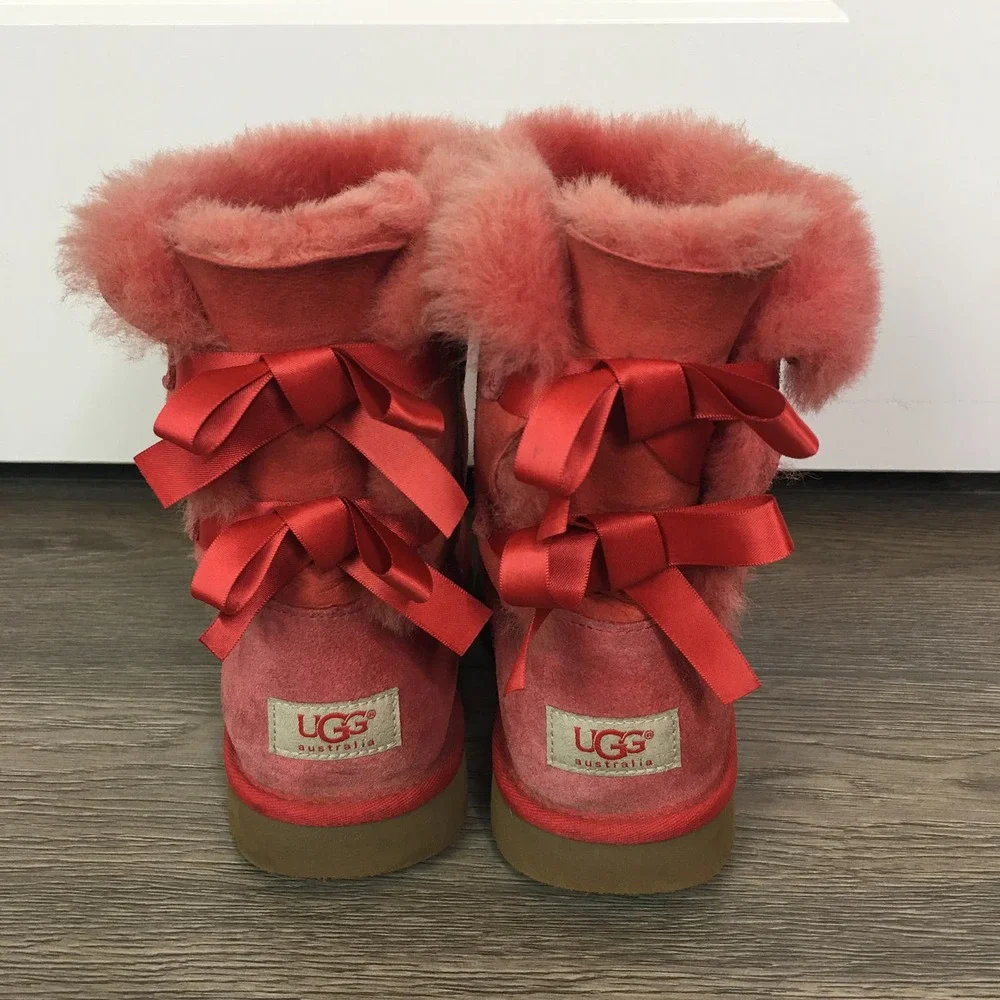 Ugg Australia Bailey Bow Sheepskin Leather Winter Snow Boots Redwood Size 5